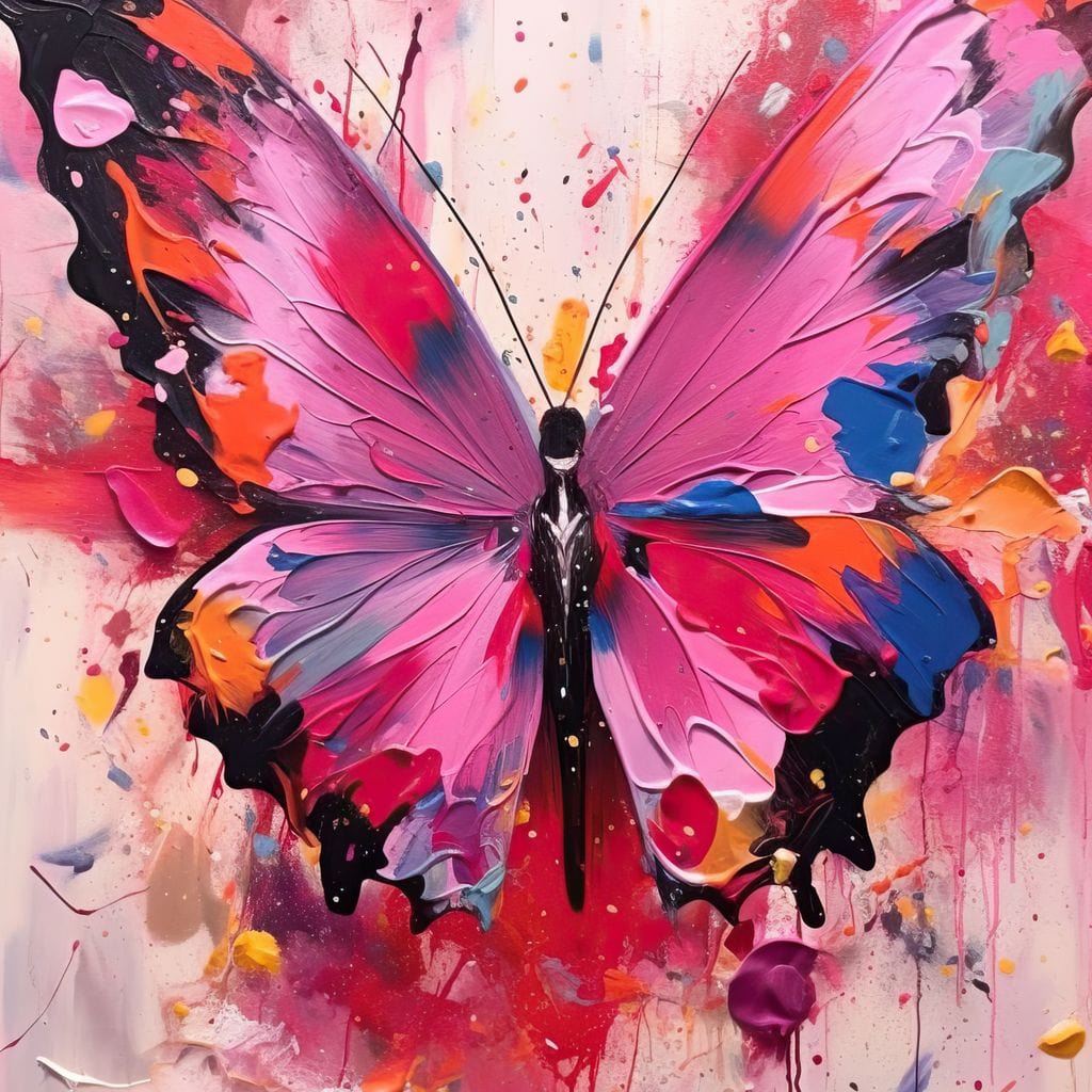 tablou canvas cu un fluture mare si roz, pe fundal abstract stil pictura in stropi de culoare