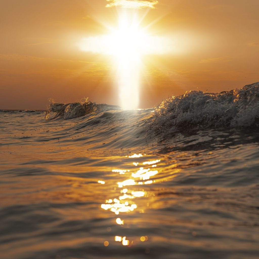 Tablou Canvas Premium LuxCanva® H1019 Lumina Sfanta pe Ape , Apus, Cruce, Spritual, Valuri, Pace, Suflet, Ocean, Credinta, Speranta, Living, Dormitor