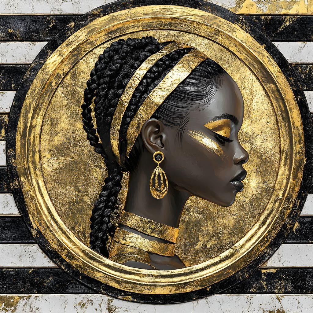 Tablou Canvas Premium, LuxCanva® G1229, Portret Afro Modern, Regalitate, Aur, Negru, Ecou, Putere, Liniste, Zeitate, Modern, Cerc, Esenta, Minimalism, Lux, Contrast, Sofisticat, Salon, Living, Dormitor