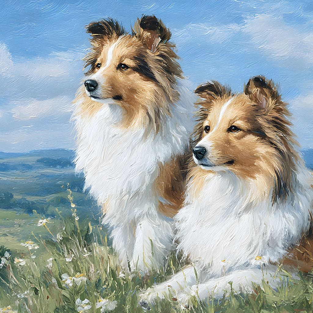 tablou canvas cu doi caini blanosi intr-un peisaj rustic de campie, in conjurati de flori si vegetatie sub cer senin