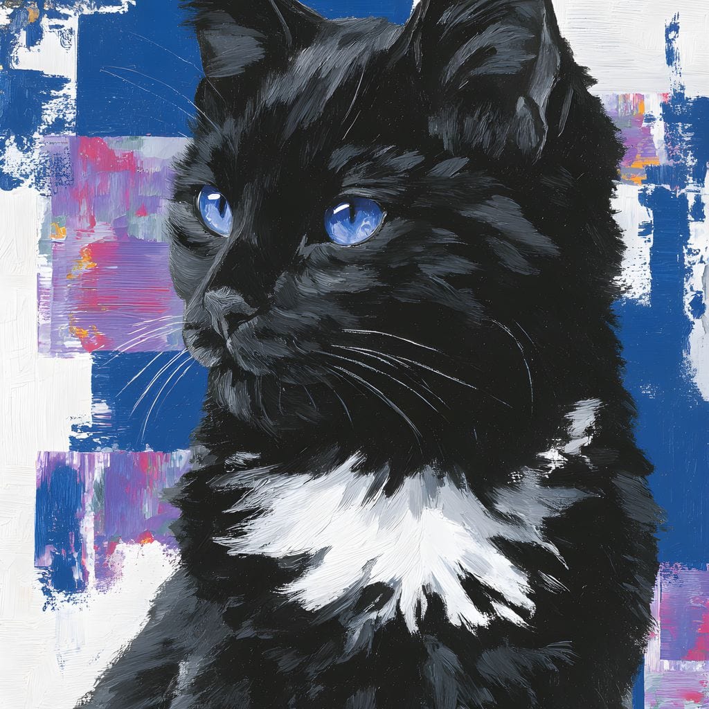 tablou canvas cu o pisica neagra cu ochi albastri, pe fundal abstract alb cu accente albastre si mov