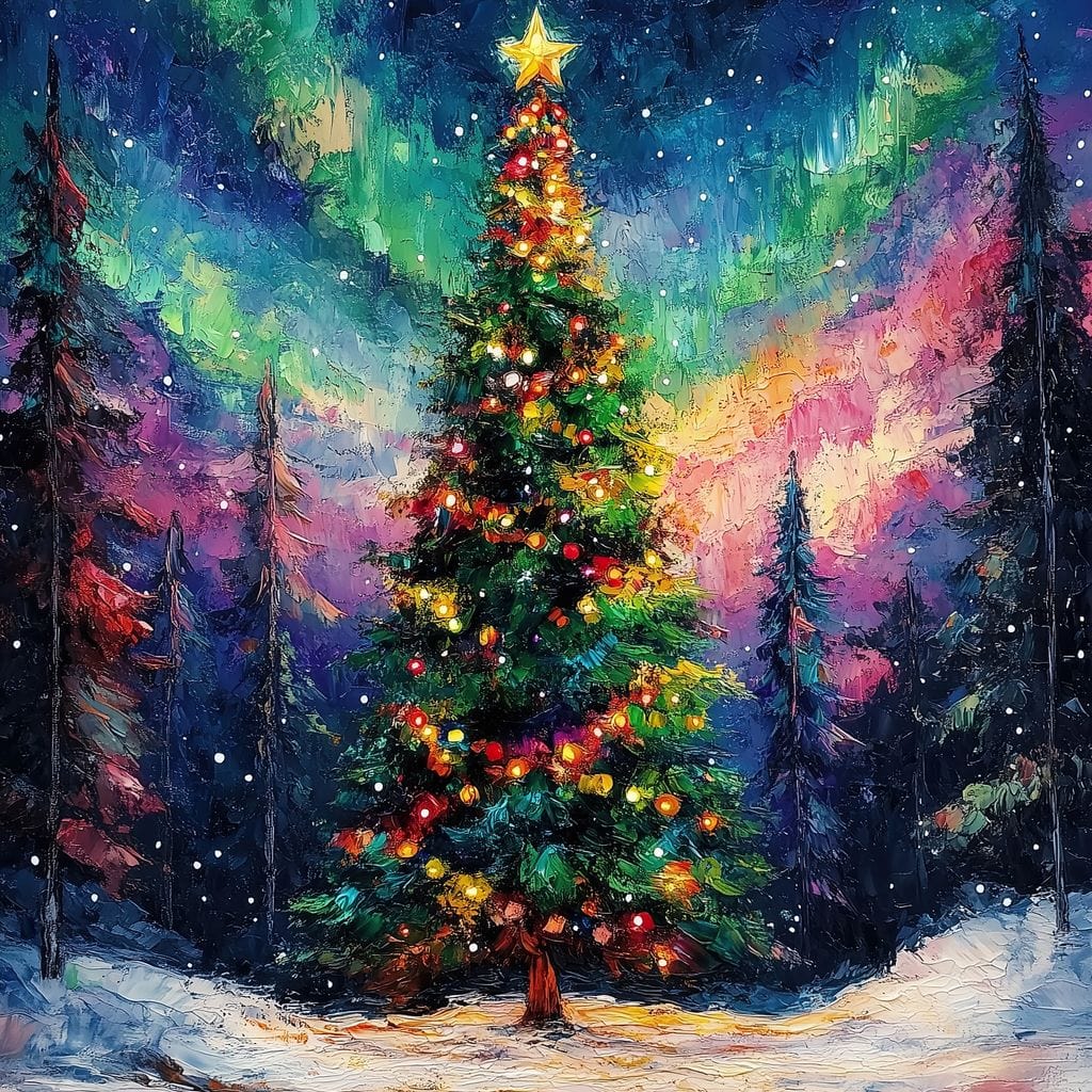 Tablou Canvas Premium LuxCanva® D1052, Aurora Boreala si Magia Bradului , Aurora, Craciun, Luminite, Padure, Instalatie, Living, Culori vibrante