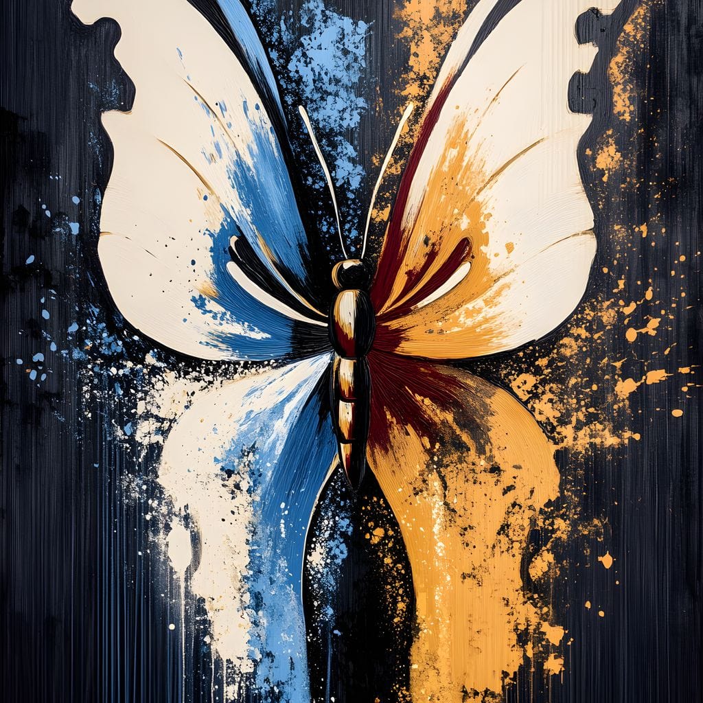 tablou canvas cu un fluture abstract in nuante vibrante de albastru si portocaliu, pe fundal negru texturat cu efecte de stropi