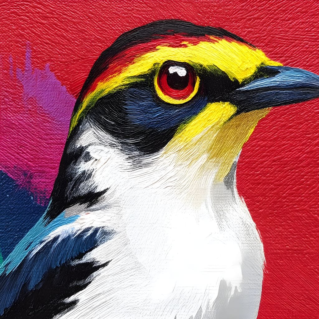 tablou canvas cu o pasare multicolora, conturata expresiv pe fundal rosu intens intr-un portret grafic modern