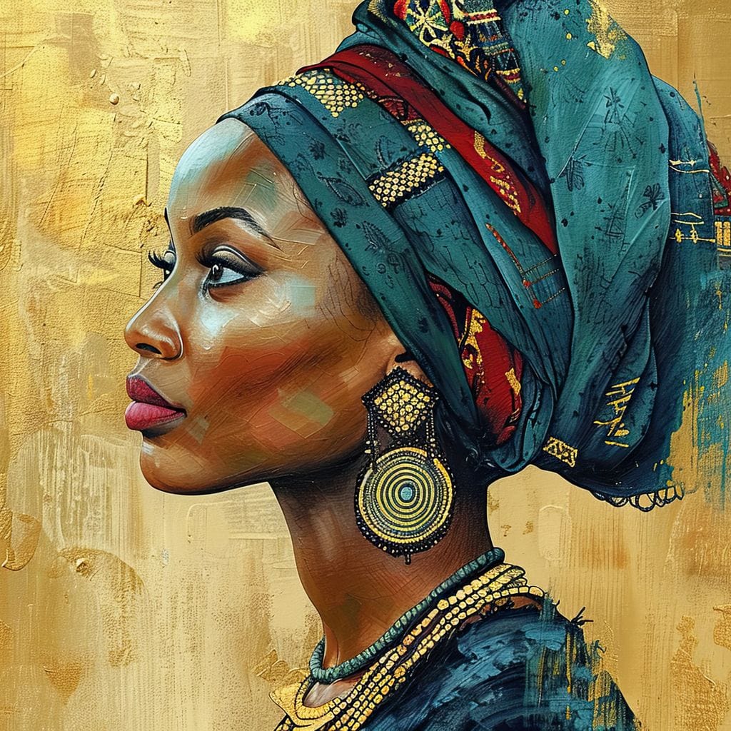 Tablou Canvas Premium, LuxCanva® G1126, Regina din Nisipuri, African, Regal, Turban, Traditie, Cultura, Identitate, Gold, Etnic, Mostenire, Living, Dormitor