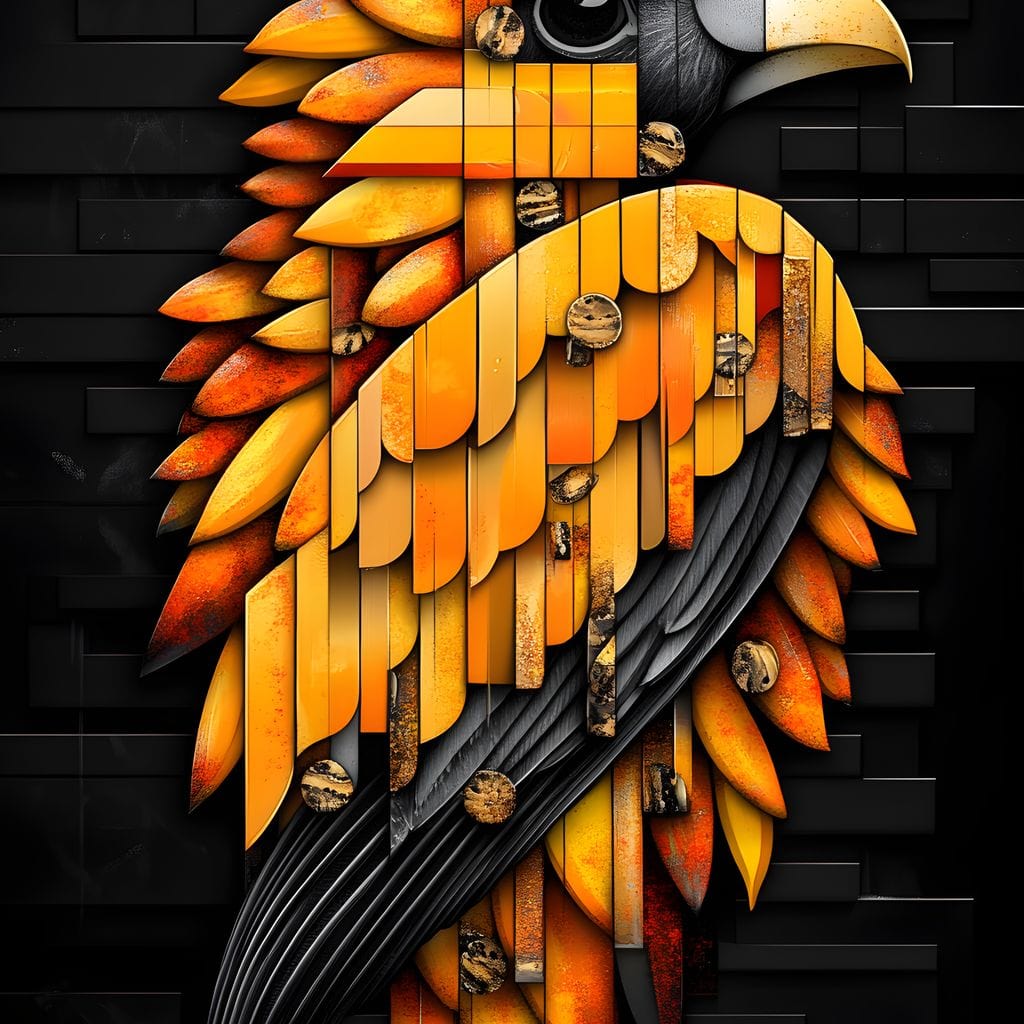 tablou canvas cu un papagal stilizat in forme geometrice, in nuante de galben si portocaliu pe fundal negru