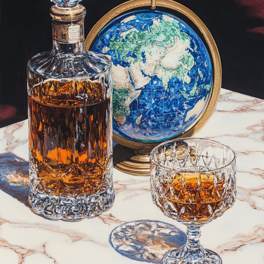 tablou canvas cu o sticla si un pahar de whiskey, pe o masa de marmura alba, langa o decoratiune reprezentand globul pamantesc