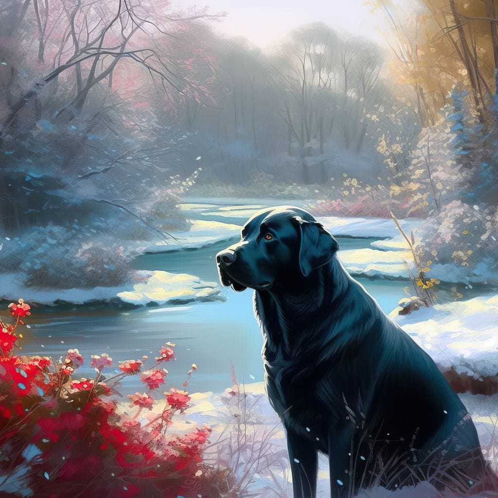 tablou canvas cu un labrador negru intr-un peisaj de iarna feeric si luminat, cu accente florale rosii langa un lac inghetat