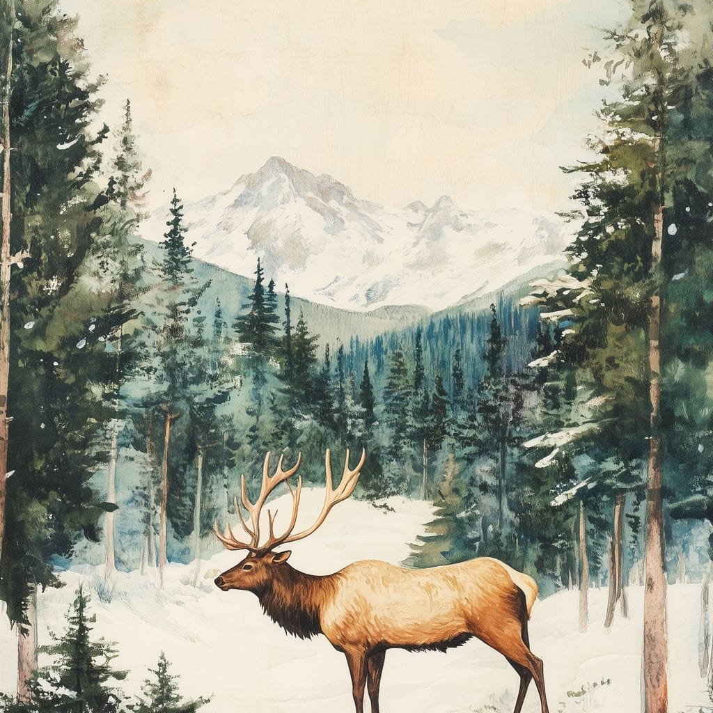 Tablou Canvas Premium LuxCanva® D1050, Cerbul din Muntii Inzapeziti , Cerb, Brazi, Munti, Natura, Zapada, Padure, Living Room, Culori vibrante