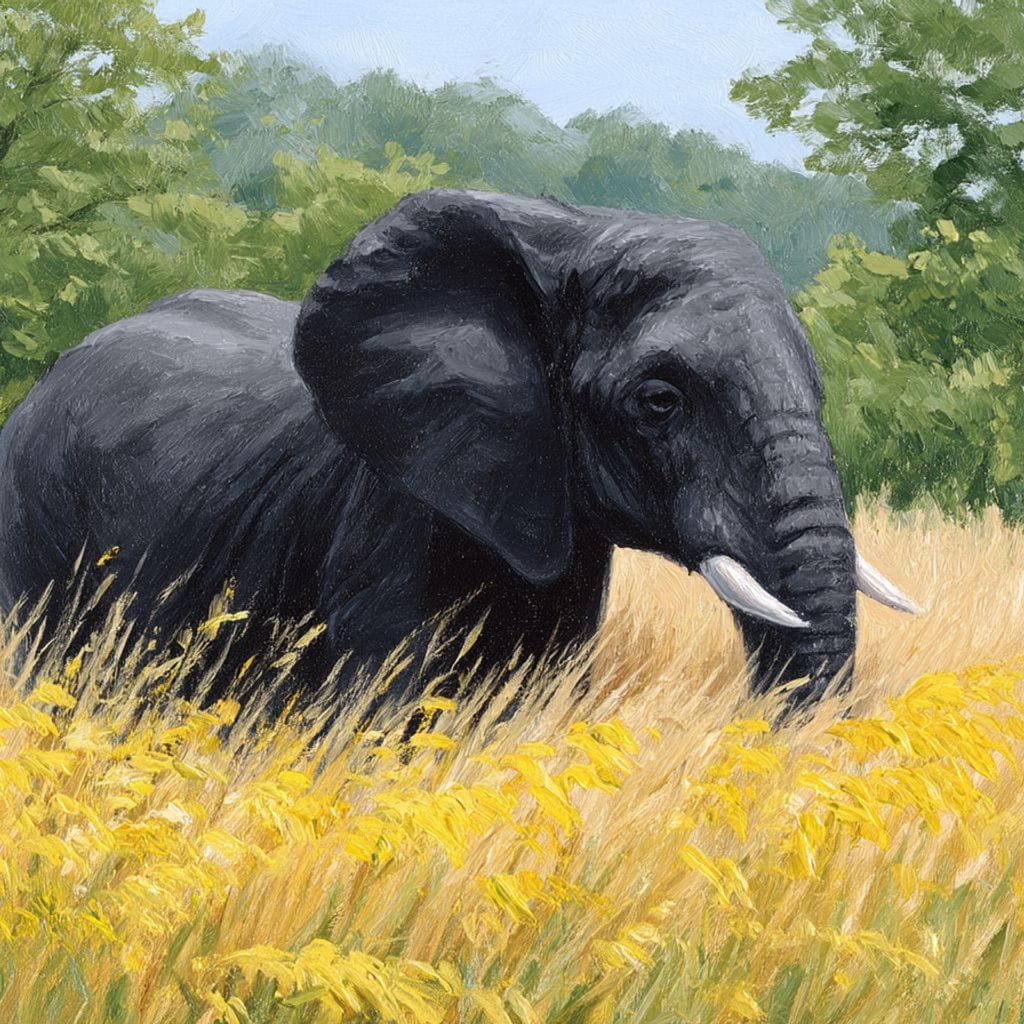 tablou canvas cu un elefant intr-un lan auriu, pe fundal natural cu vegetatie, redat in stil pictura
