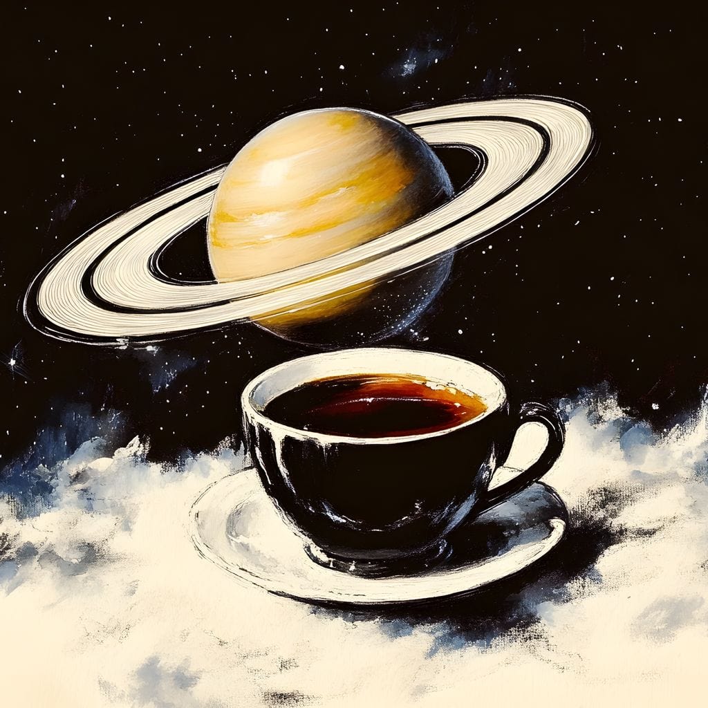 tablou canvas cu o ceasca de cafea neagra, pe fundal intunecat cu stele si planeta Saturn