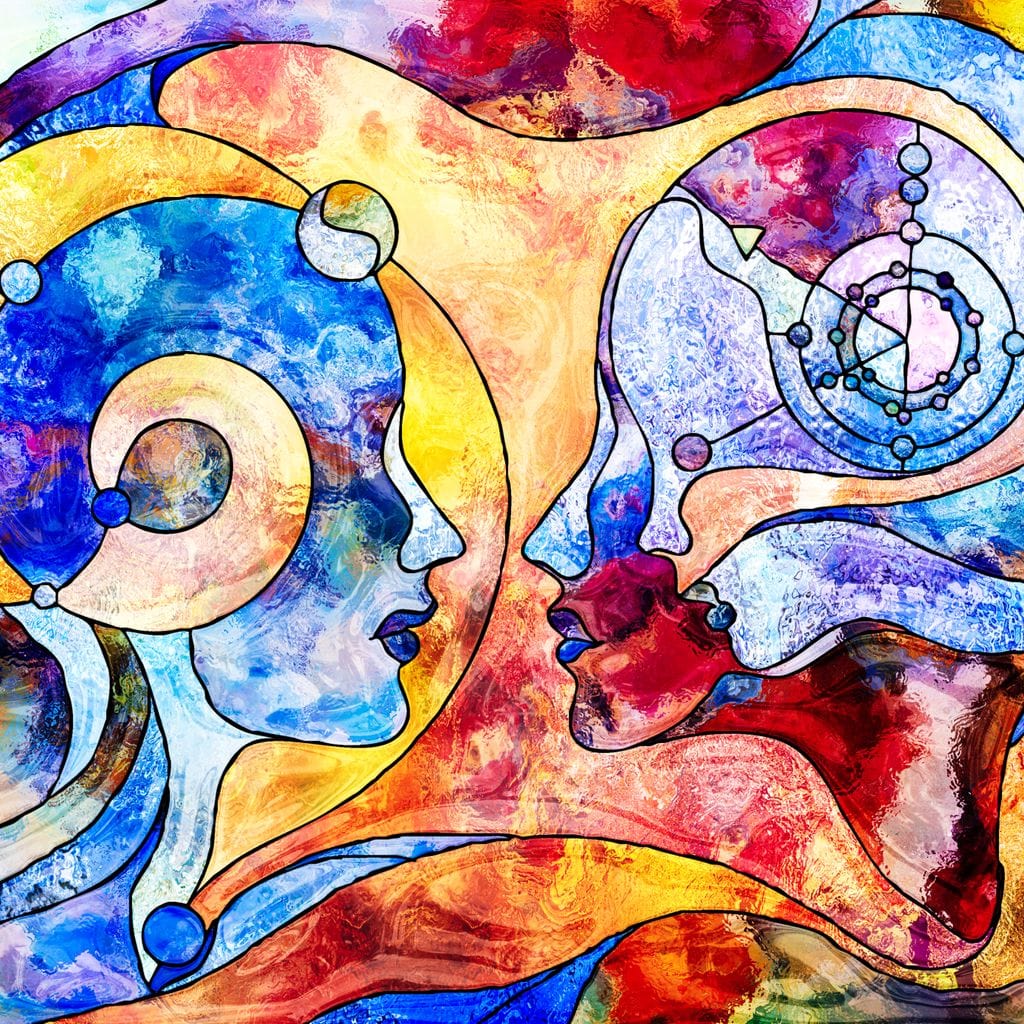 Tablou Canvas Premium, LuxCanva® E1030, Dialogul Sufletelor, Dualitate, Mister, Chipuri, Spiritual, Pereche, Living Room, Culori vibrante