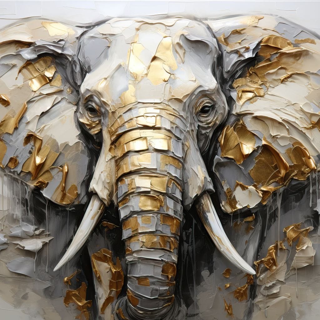 tablou canvas cu un elefant redat in stil abstract si texturat, in nuante de argintiu cu accente aurii