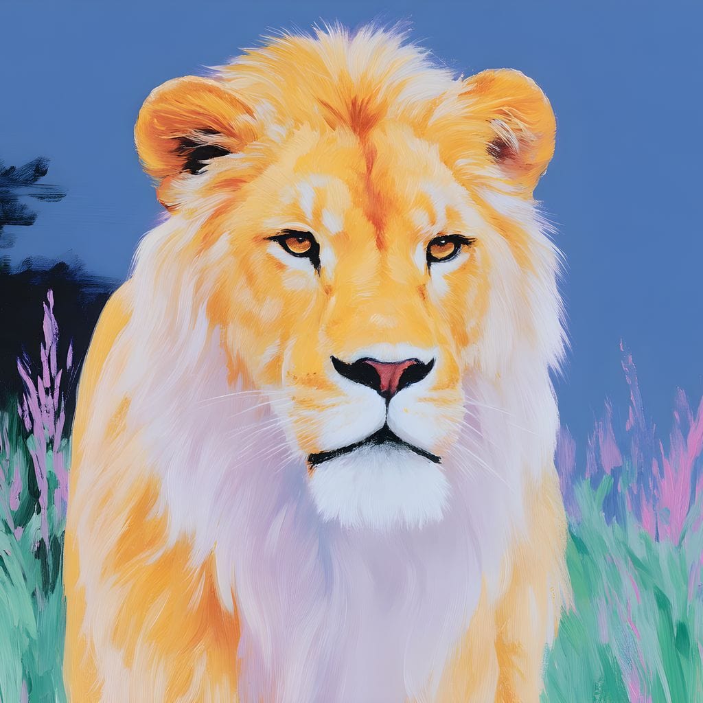 tablou canvas cu un leu pictat in nuante pastelate, pe fundal natural cu flori si cer senin