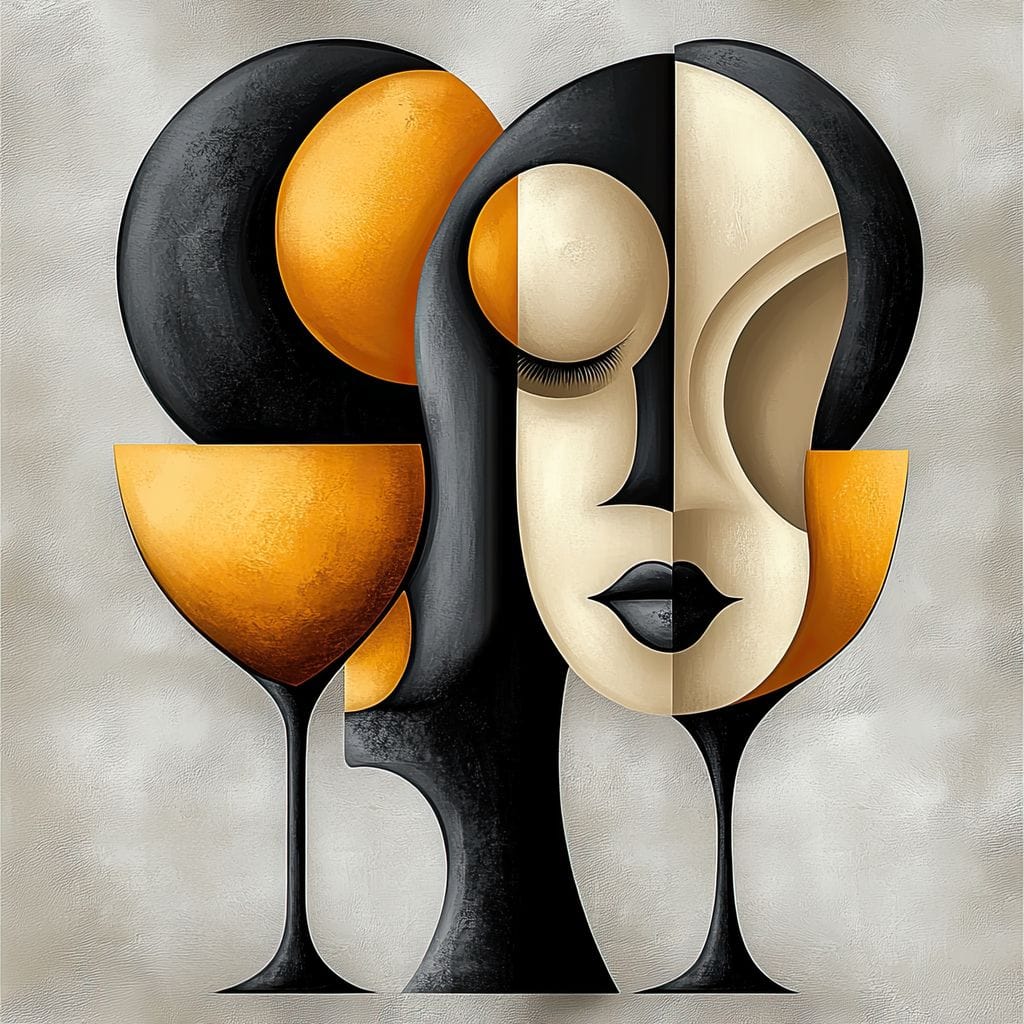 Tablou Canvas Premium, LuxCanva® J1000, Portret In Forme, Abstract, Cubism, Feminism, Pahar, Vin, Aur, Negru, Contur, Dualitate, Reflectii, Living, Dormitor