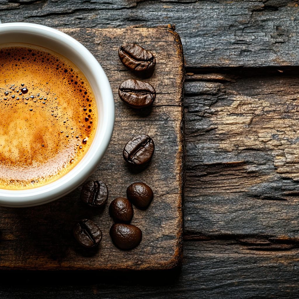 tablou canvas cu o ceasca de cafea espresso, pe un suport de lemn cu boabe de cafea, pe fundal rustic