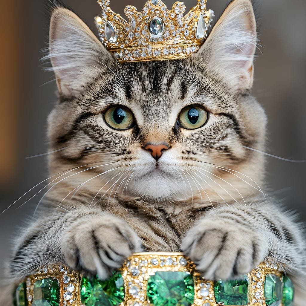 tablou canvas cu un motan cu coroana de aur decorata cu pietre pretioase, sprijnit gratios pe o tiara cu smaralde