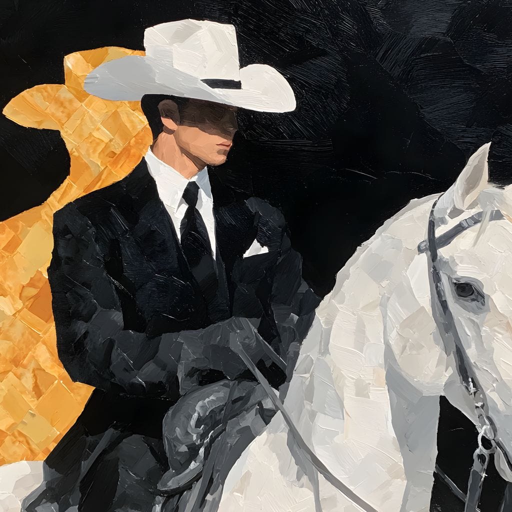 tablou canvas cu un cowboy la costum cu palarie si umbra aurie, pe un cal alb intr-un cadru negru