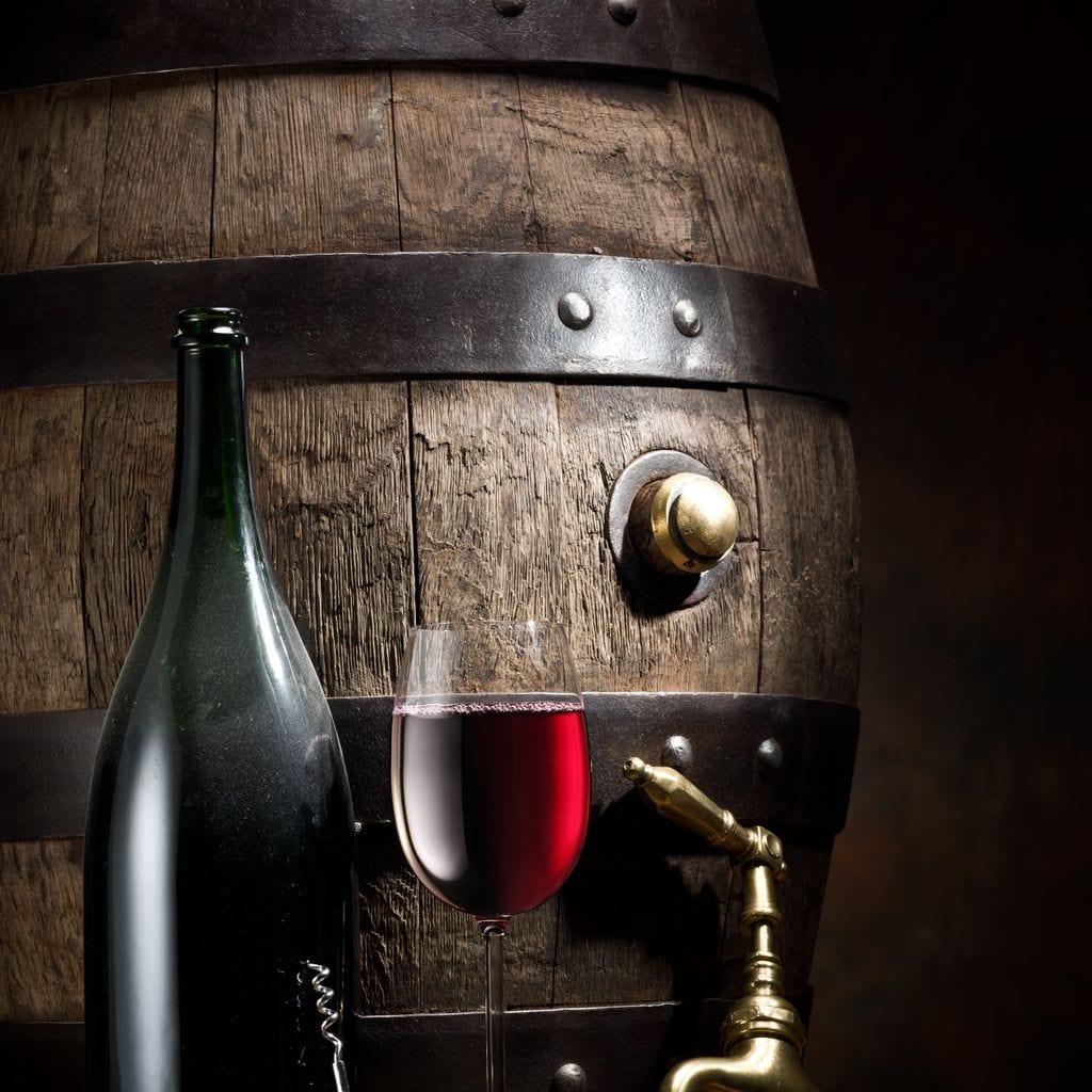 tablou canvas cu un butoi de lemn, o sticla cu un tirbuson si un pahar de vin rosu pe o masa de lemn, pe fundal intunecat 