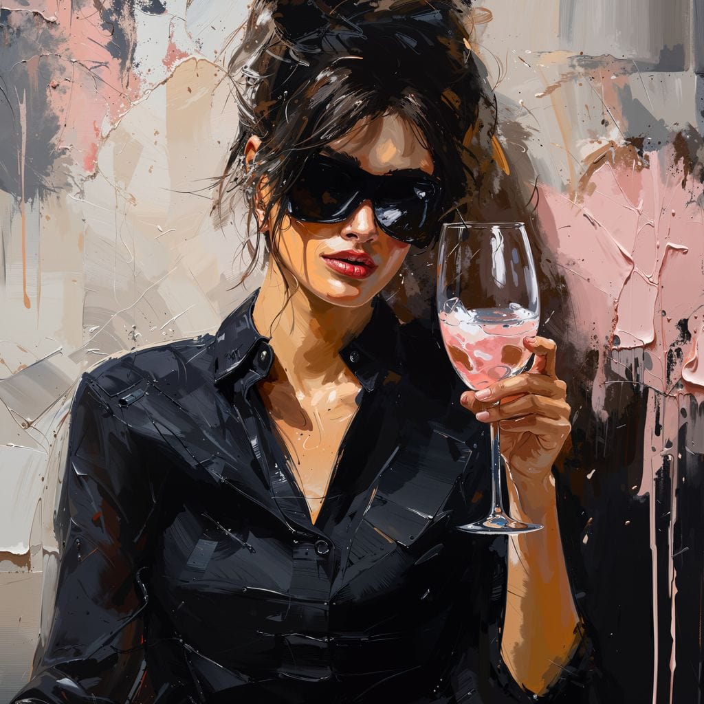 tablou canvas cu o femeie cu ochelari de soare si un pahar de vin rose, pe fundal pictat in nuante de negru, roz si alb