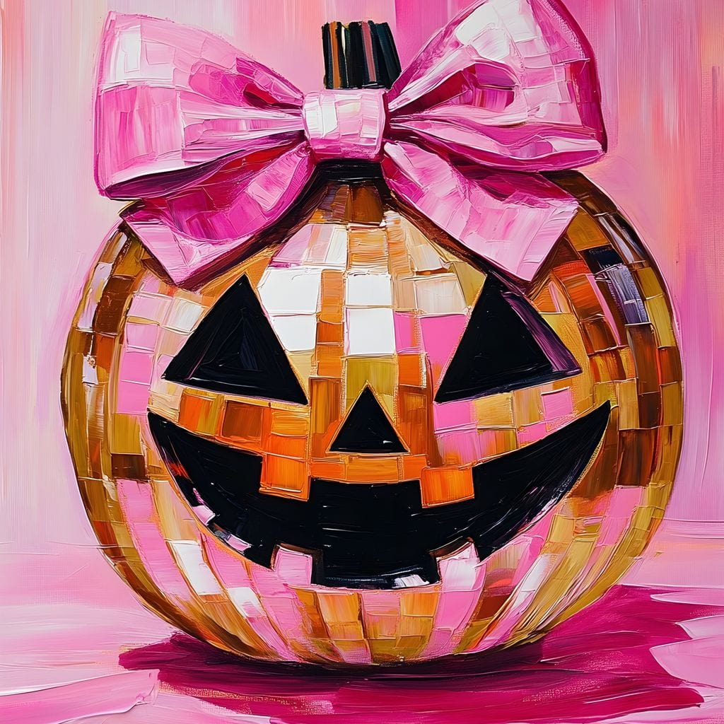 tablou canvas cu un dovleac decorat de Halloween cu fundita roz, pe fundal roz aprins