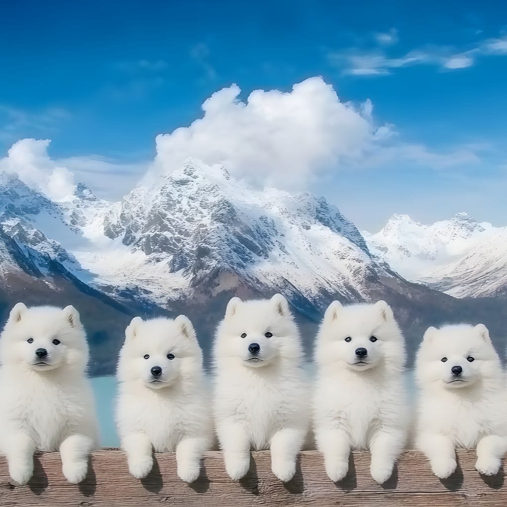 tablou canvas cu un sir de catelusi albi, rezemati de un gard de lemn, pe fundal cu peisaj montan de iarna