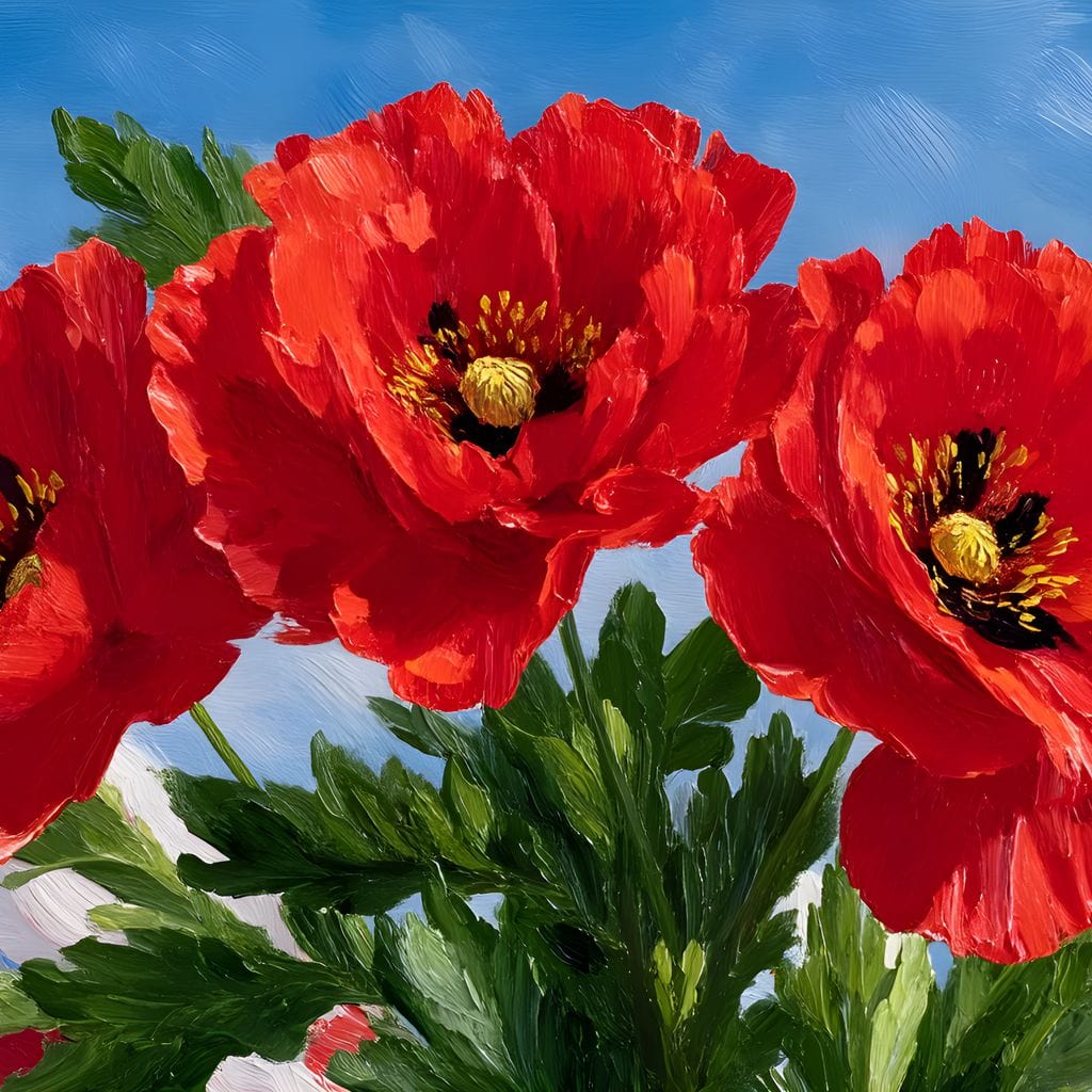 tablou canvas cu trei maci rosii si steagul american pe fundal de cer albastru