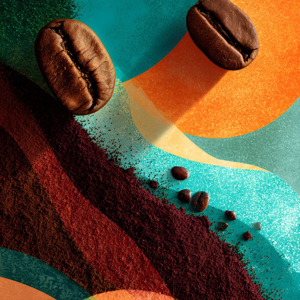 tablou canvas cu doua boabe de cafea si cafea macinata, pe un fundal abstract in nuante calde de portocaliu si nuante reci de turcoaz