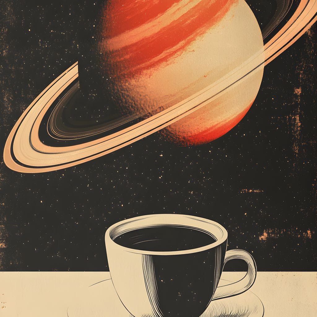 tablou canvas cu o ceasca alba cu cafea, pe fundal cosmic cu planeta Saturn inconjurata de stele