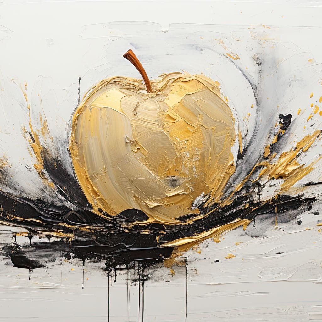 tablou canvas cu un mar auriu, pictat pe fundal deschis cu accente negre si aurii