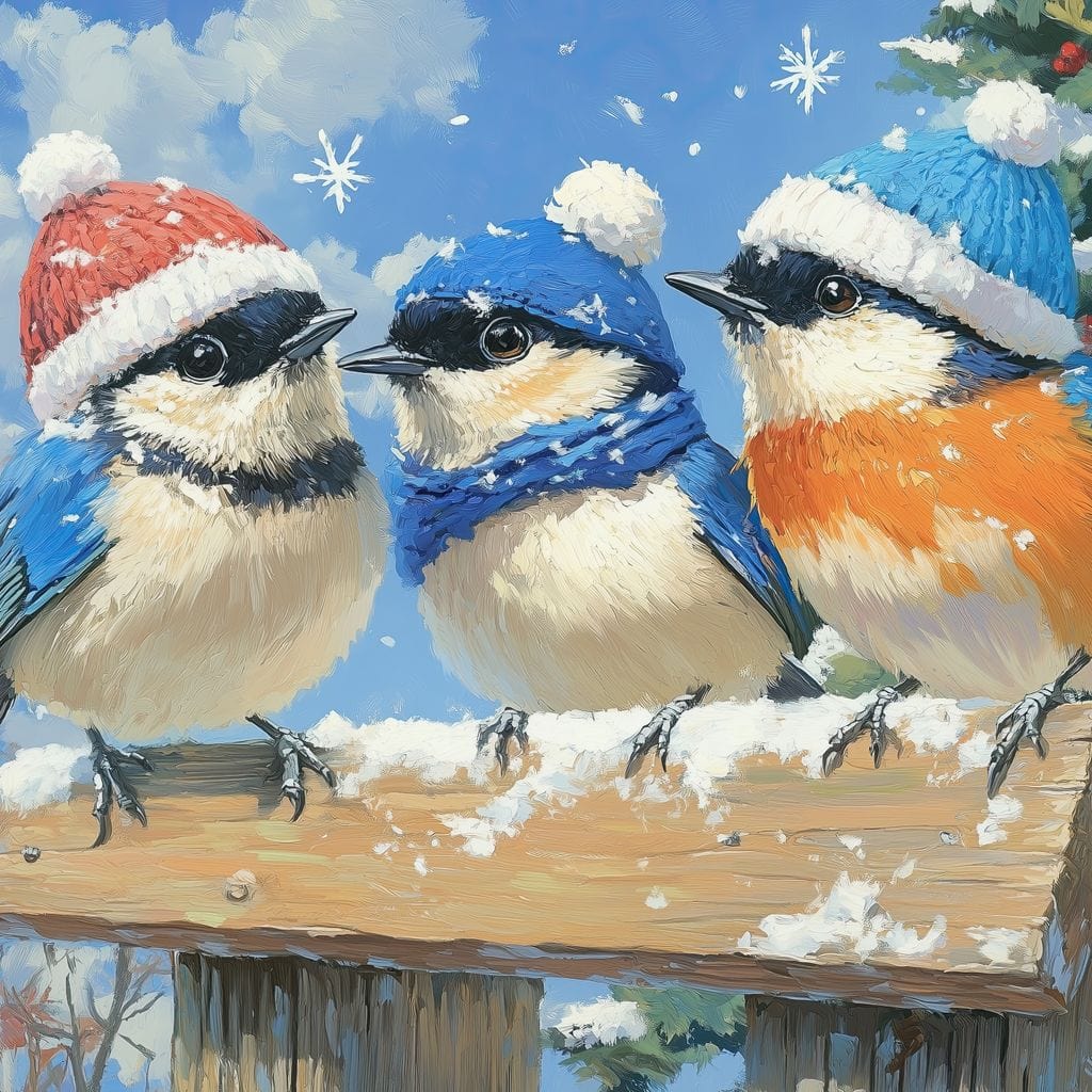 Tablou Canvas Premium LuxCanva® D1041, Pasarile Melodioase , Vrabiute, Caciulite, Creanga, Cantec, Iarna, Living Room, Culori vibrante