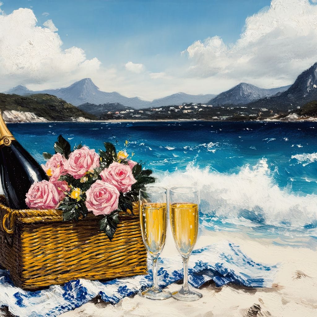 tablou canvas cu un cos de picnic cu trandafiri roz, o sticla si doua pahare de sampanie pe malul marii, pe fundal exotic de vacanta