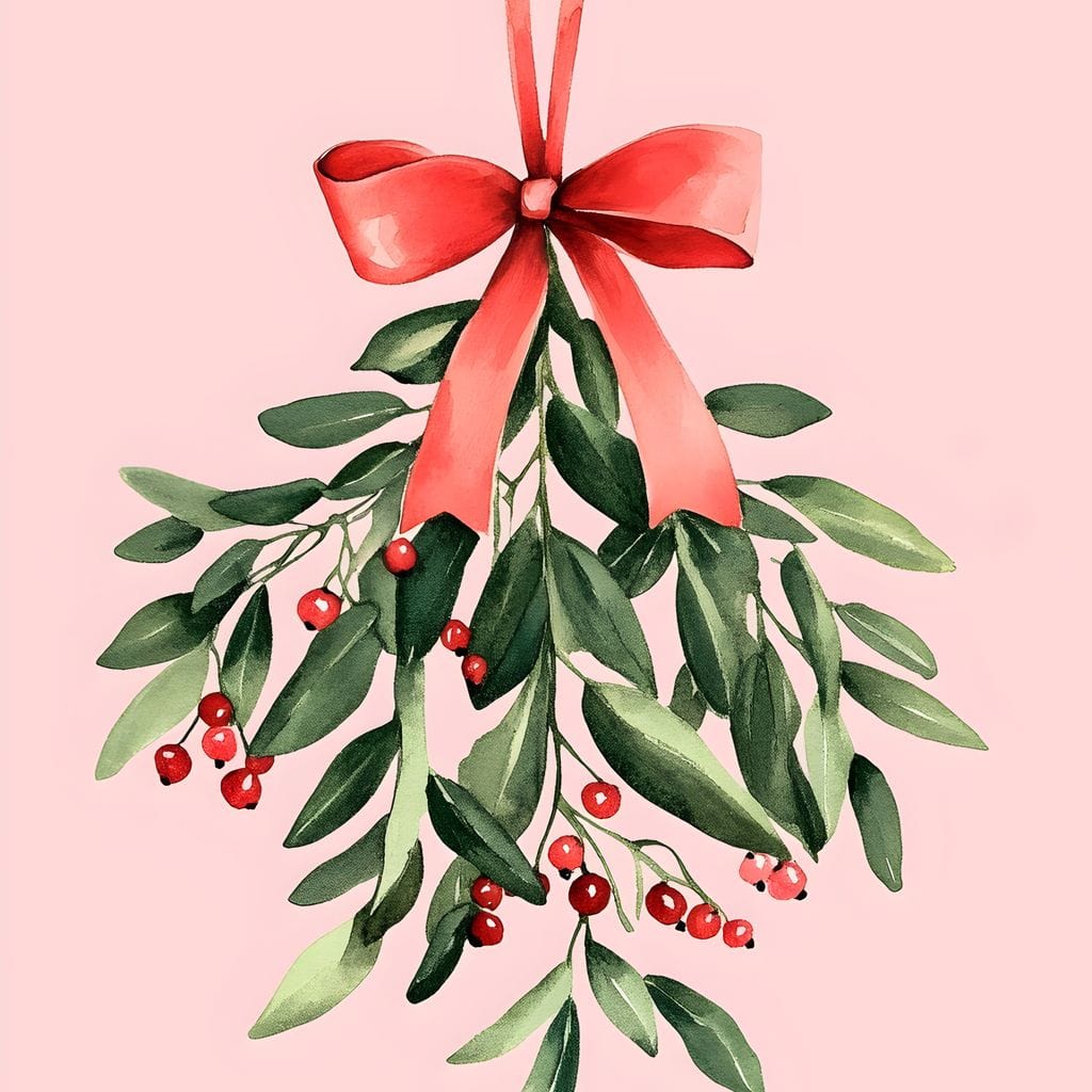 Tablou Canvas Premium, LuxCanva® D1082, Ramura cu Funda Rosie, Christmas, Planta, Bradut, Frunze, Festiv, Elegant, Roz, Iarna, Anotimp, Simplitate, Verde, Atmosfera, Camera Copil, Living, Dormitor