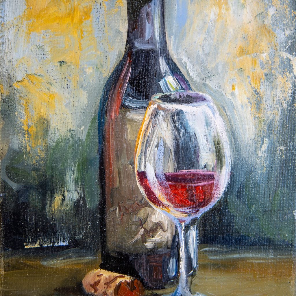 tablou canvas cu o sticla de vin cu dop de lemn si un pahar de vin rosu, pictate in stil rustic