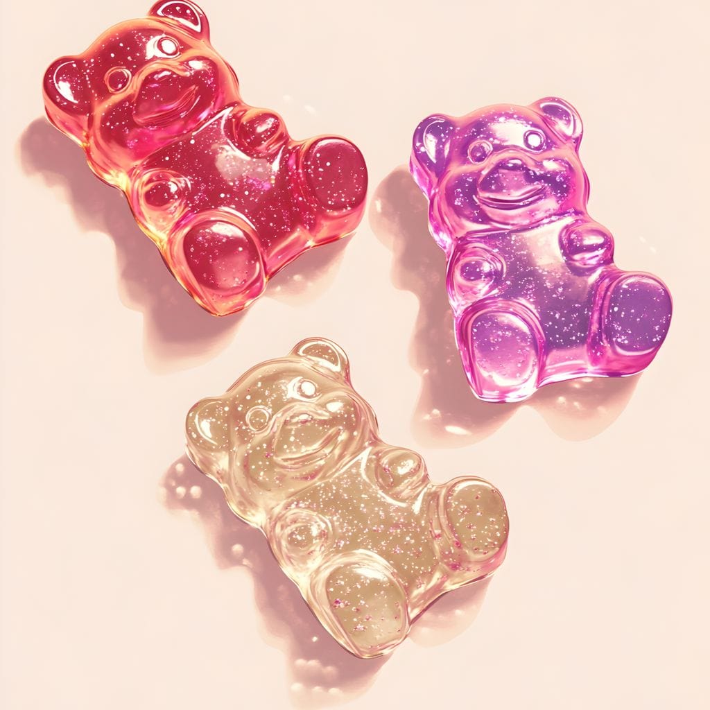 tablou canvas cu trei ursuleti din jeleu colorat si stralucitor, pe fundal deschis