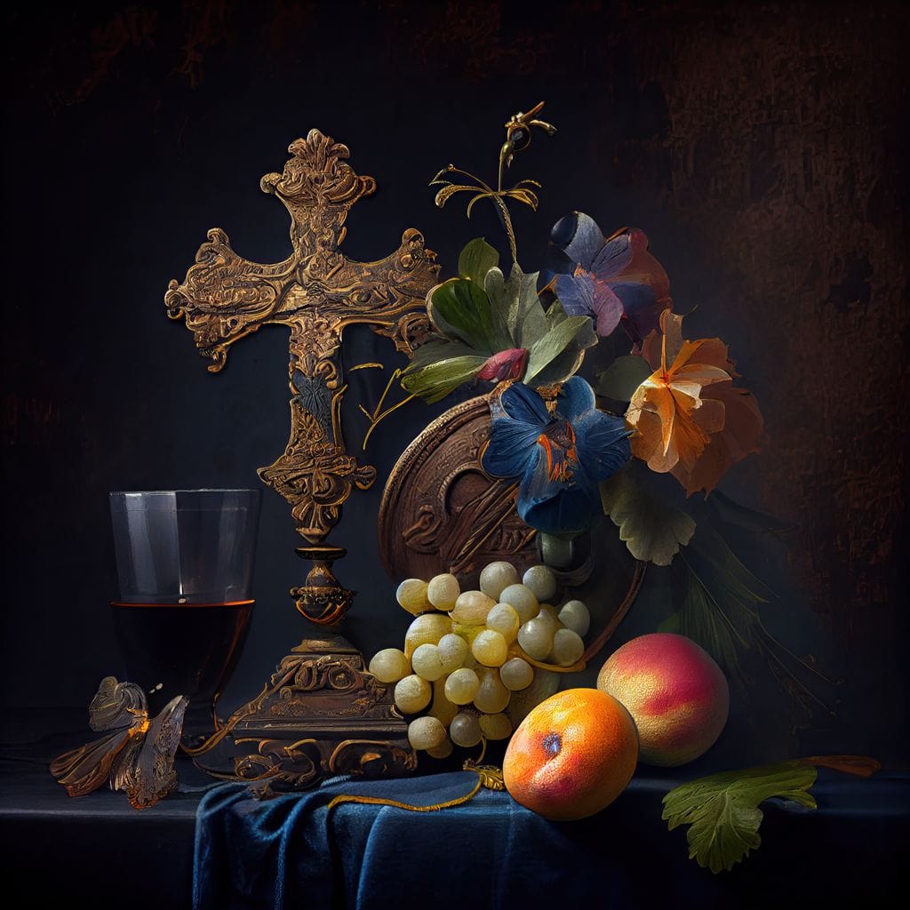 Tablou Canvas Premium LuxCanva® H1030 Natura Statica Sacra , Simboluri, Cruce, Rod, Pamant, Fructe, Vin, Sacru, Lumina, Umbra, Living, Dormitor