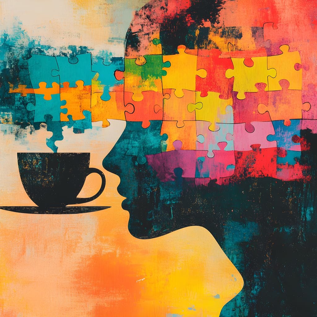 tablou canvas cu silueta unei femei, compusa din piese de puzzle multicolore, langa o ceasca neagra cu cafea, pe fundal pictat in culori vibrante