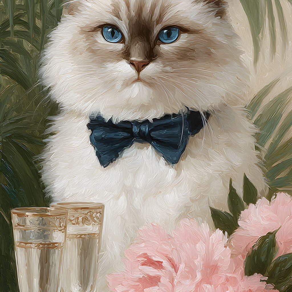 tablou canvas cu un motan elegant cu papion, inconjurat de flori roz si doua pahare de sampanie, pe fundal pictat cu frunze