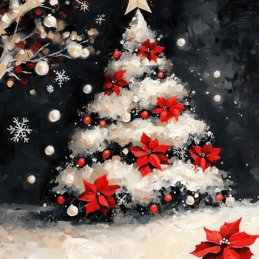 Tablou Canvas Premium LuxCanva® D1056, Bradul din Noaptea Magica , Craciun, Luminite, Brad, Instalatie, Alb, Poinsettia, Living, Culori vibrante