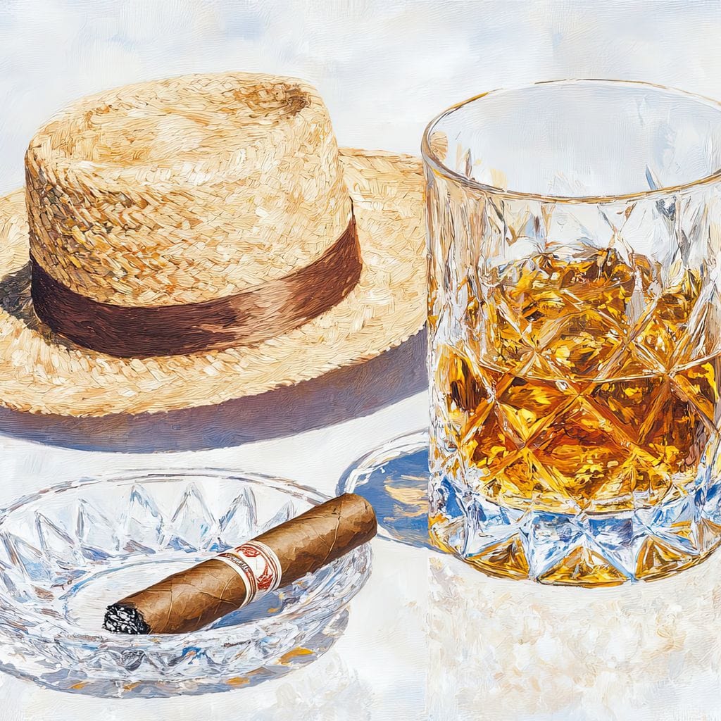 tablou canvas cu un pahar de whisky, o palarie si un trabuc intr-o scrumiera pe fundal deschis