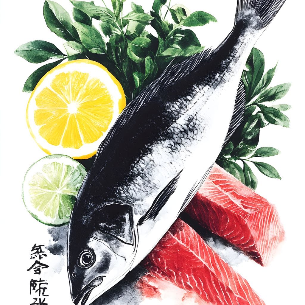 tablou canvas cu un peste, sashimi si lamaie, pe fundal deschis cu verdeturi si litere japoneze