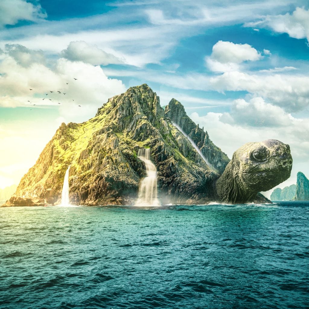 tablou canvas cu o insula sub forma unei testoase, langa un ocean sub cer senin cu un stol de pasari in zbor