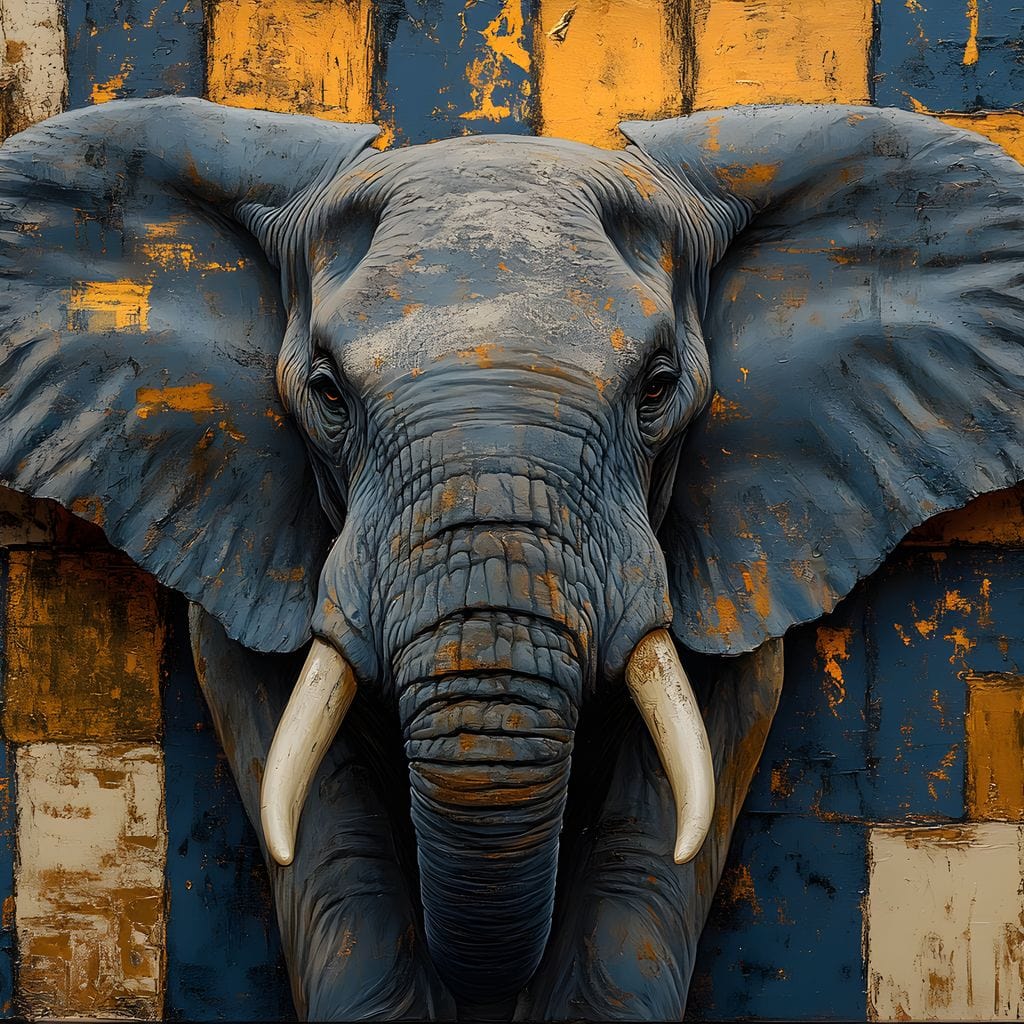 tablou canvas cu un elefant in prim-plan, redat in tonuri de albastru si gri, pe fundal texturat galben, albastru si alb