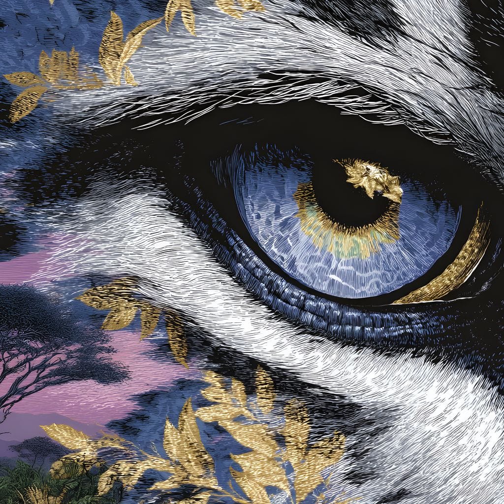 tablou canvas cu un ochi de tigru, pe fundal cu un peisaj de natura cu un copac la apus violet, decorat cu accente aurii