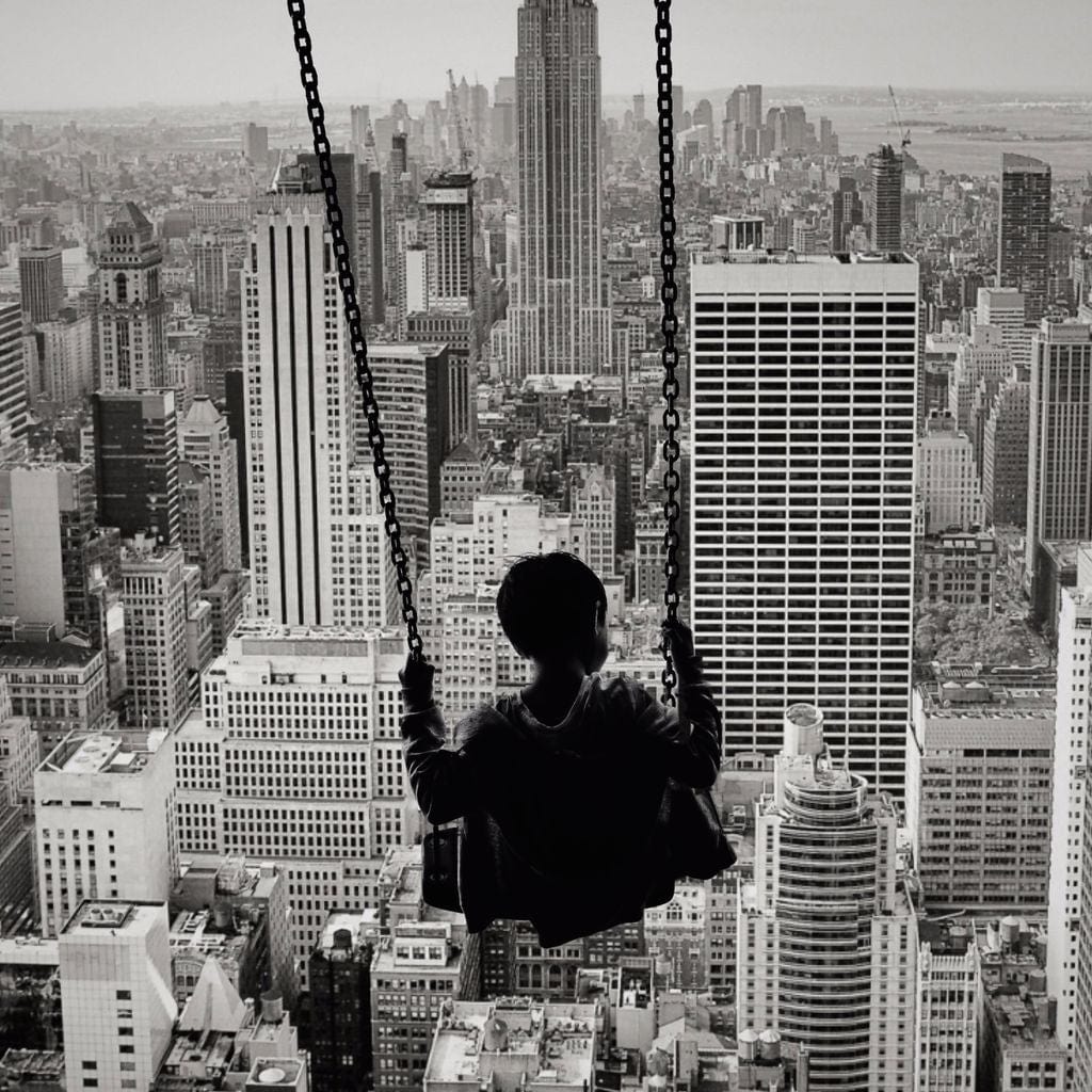Tablou Canvas Premium, LuxCanva® K1014, Copilul si Acoperisul Lumii, Oras, Leagan, Zgarie Nori, Metropola, Visare, Zbor, Singur, Copil, Alb, Negru, New York, Inocenta, Camera Copii