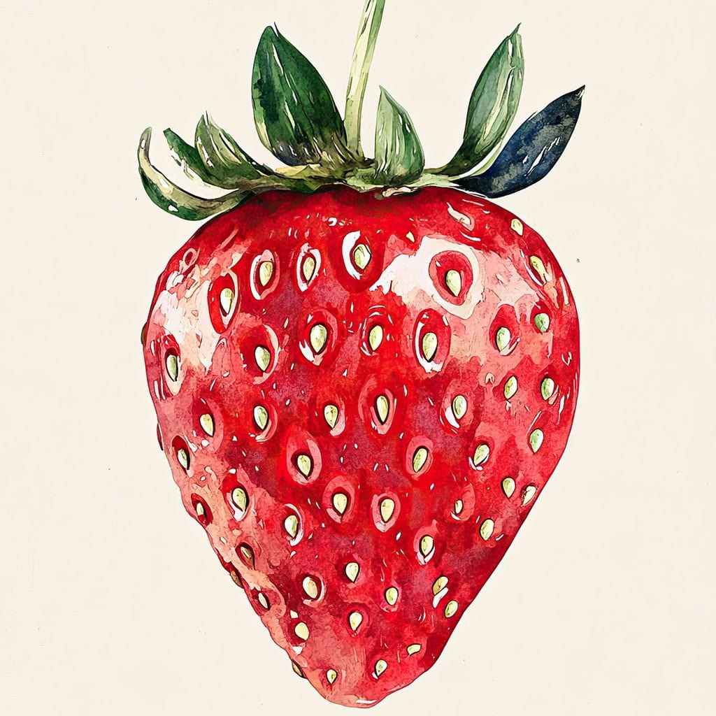 tablou canvas cu o capsuna, desenata in culori vibrante pe fundal alb