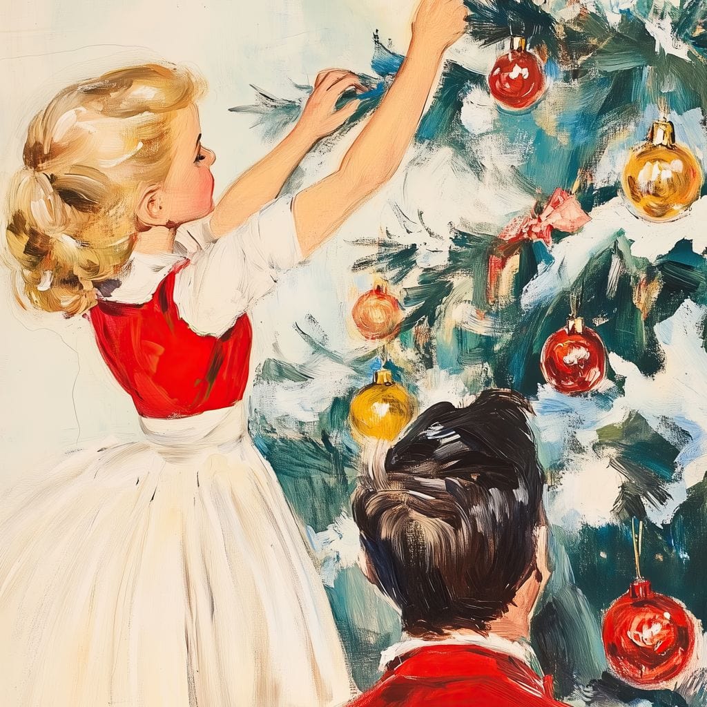 Tablou Canvas Premium LuxCanva® D1016, Fetita Impodobind Bradul , Ramuri, Brad, Impodobit, Familie, Globuri, Living Room, Culori vibrante