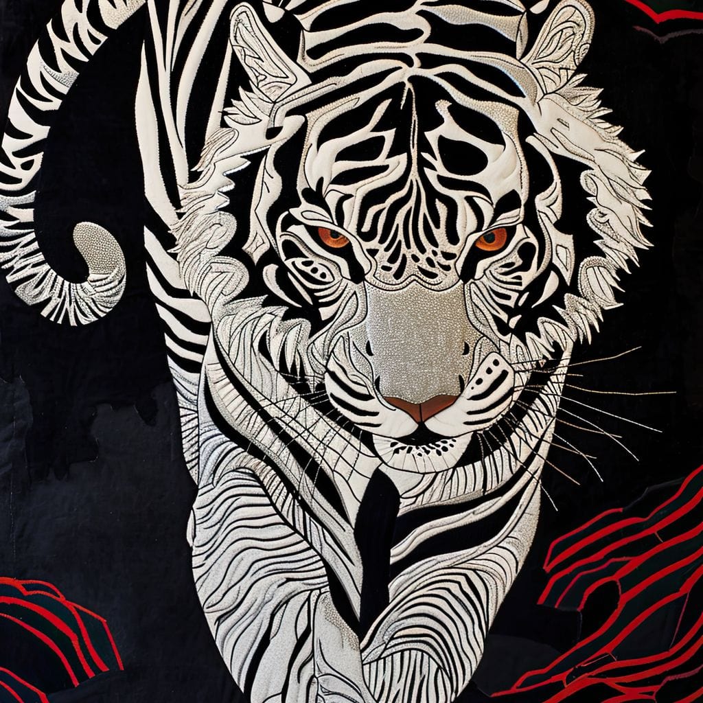 tablou canvas cu un tigru alb desenat in stil oriental, pe fundal intunecat cu accente rosii