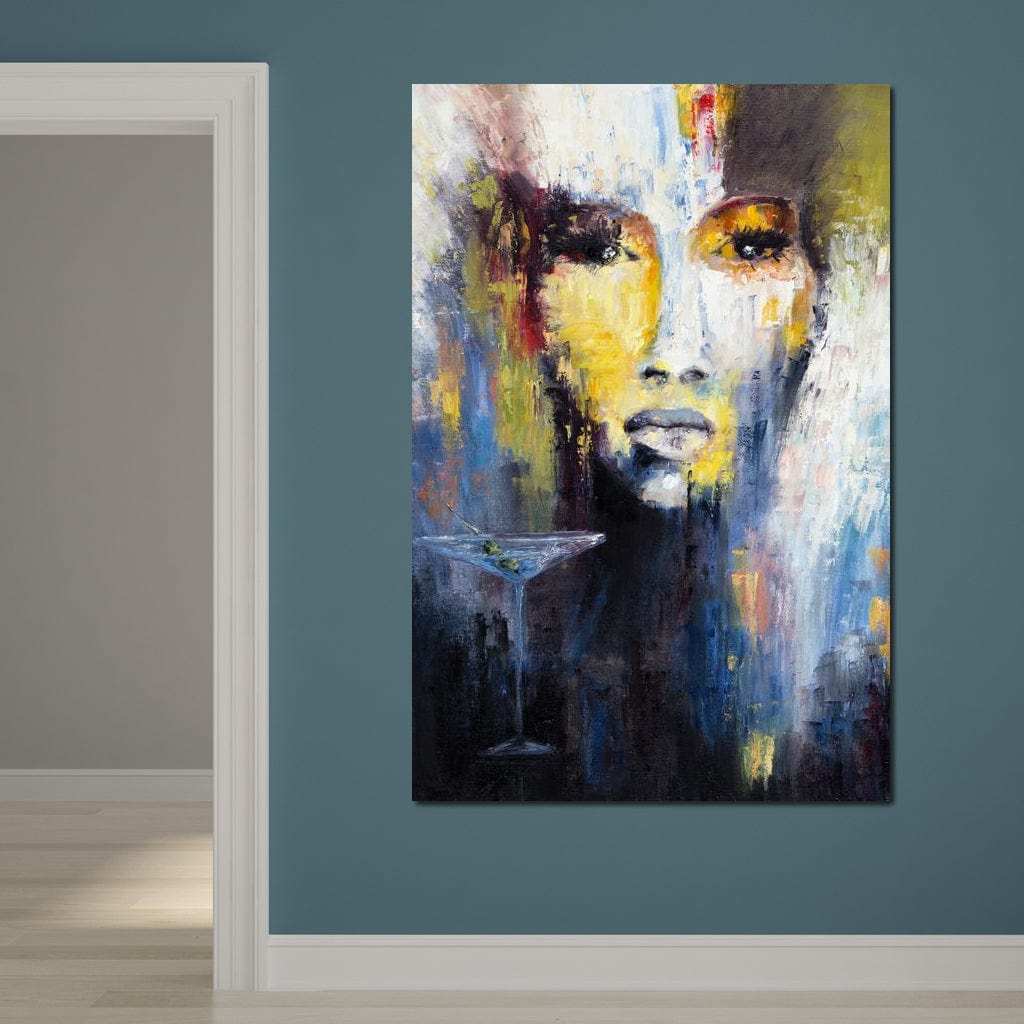 Tablou Canvas Premium, LuxCanva® G1084, Femeia cu Martini, Bautura, Pahar, Retaurant, Cocktail, Enigmatica, Abstract, Petrecere, Living, Dormitor