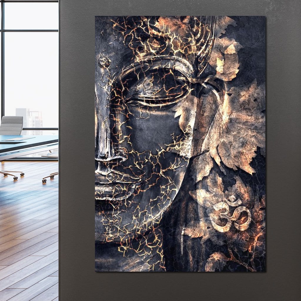 Tablou Canvas Premium LuxCanva® I118, Sub Pielea Timpului, Buddha, Vibratia OM, Constiinta, Spiritualitate, Crapaturi, Frunze, Foc Sacru, Contemplare